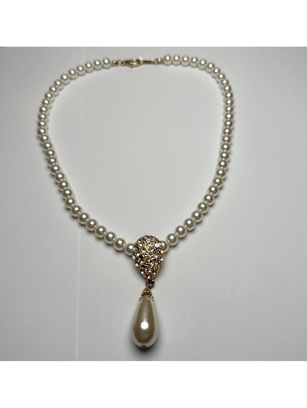 Eisenberg Ice Faux Pearl Rhinestone Necklace Gold Tone